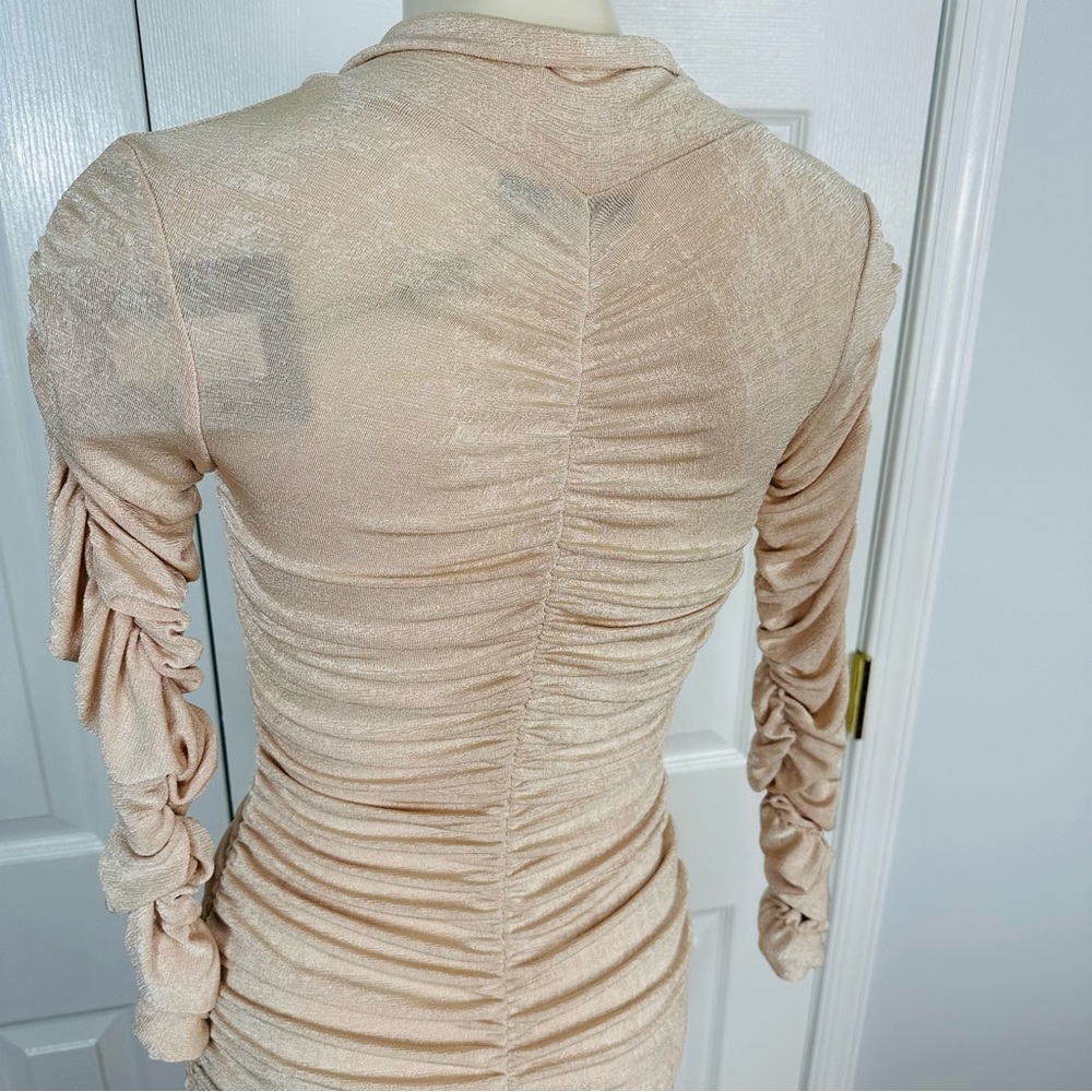 PRETTYLITTLETHING nude acetate slinky longsleeve rushed midaxi shirt dress 4 - Picture 11 of 11